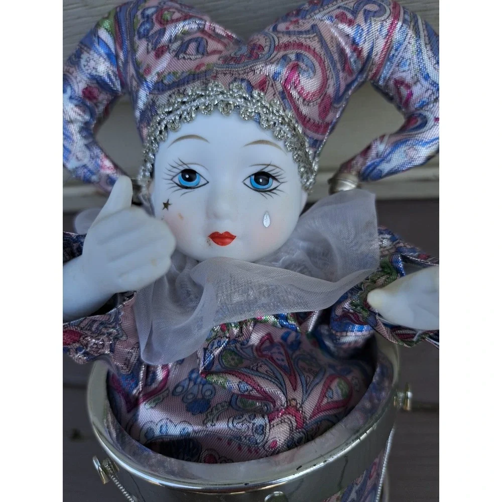 Vintage Musical Animated Jester Clown Doll  Box Porcelain Head Hands